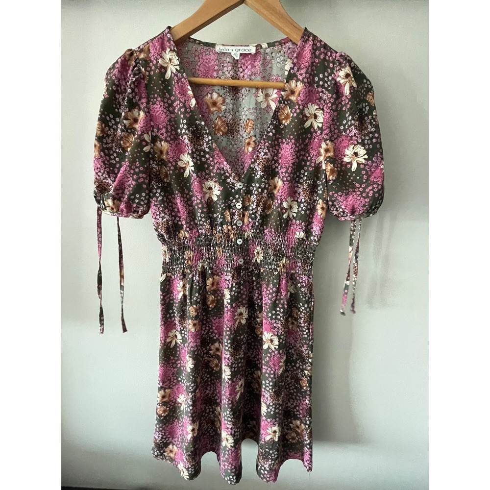 Lola Grace Floral Mini Dress Pink Olive Green Smocked Waist V-Neck XS